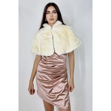 Capa tip bolero Savina, din blana ecologica, cu guler inalt, Alb unt, Marime universala S/M