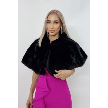 Capa tip bolero Savina, din blana ecologica, cu guler inalt, Negru, Marime universala S/M