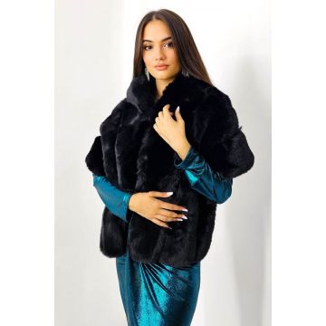 Capa tip sal din blana ecologica, Emeia, cu prindere in gaica, Negru, Marime OneSize