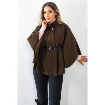 Cardigan tip poncho Amalia, cu nasture si curea in talie, Maro