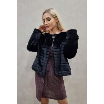 Haina din blana ecologica Feny, cu maneca lunga, lungime medie si accesoriu inclus, Negru, Marime universala M/L