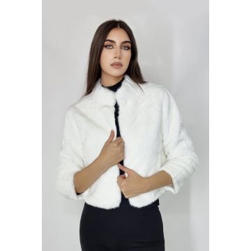 Haina din blana ecologica Graziana, cu maneca trei sferturi si accesoriu inclus, Alb, Marime blanita - universala S/M