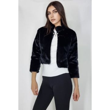 Haina din blana ecologica Graziana, cu maneca trei sferturi si accesoriu inclus, Negru, Marime universala S/M