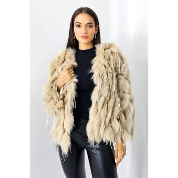 Haina eleganta Aylin, din blana naturala de vulpe, cu paiete asimetrice, Crem, Marime S/M/L
