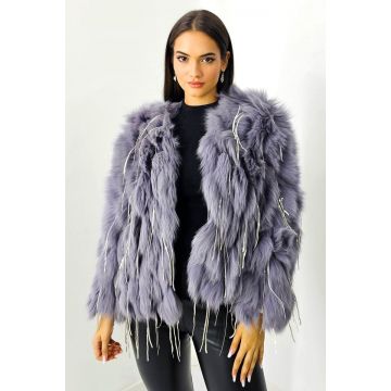 Haina eleganta Aylin, din blana naturala de vulpe, cu paiete asimetrice, Mov , Marime S/M/L