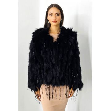 Haina eleganta Aylin, din blana naturala de vulpe, cu paiete asimetrice, Negru, Marime S/M/L