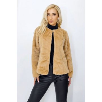 Haina eleganta din blana ecologica Paula cu croi larg, Bej, Marime S/M