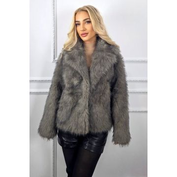 Haina scurta de dama Kasmina, din blana ecologica, cu buzunare, Gri, Marime S/M