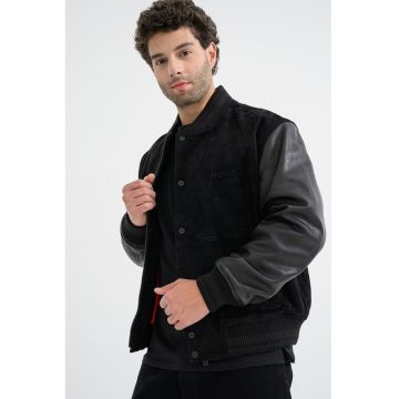 Jacheat bomber de piele intoarsa cu maneci de piele