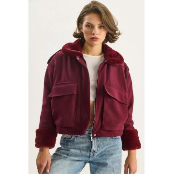 Jacheta dama  cu fermoar - amestec de lana - medie - texturata - bordeaux - bumbac