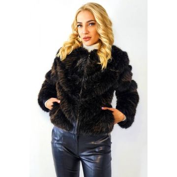 Jacheta dama Robertina, blana ecologica cu insertii piele si fermoar, Maro