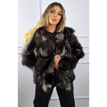 Jacheta din blana naturala de vulpe FELYNA, cu inchidere metalica, Negru/Gri, Marime S/M/L