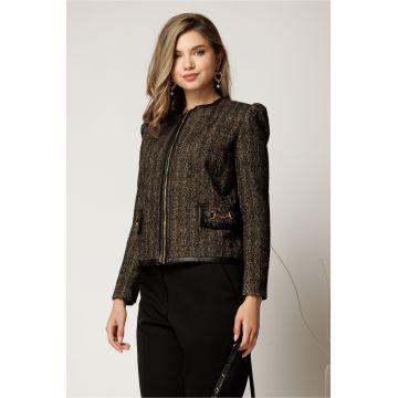 Jacheta DY Fashion eleganta din tweed negru cu maro