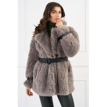 Jacheta eleganta din blana gri cu insertii din piele ecologica si cordon