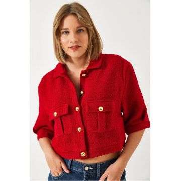 Jacheta scurta dama -  cu guler si nasturi - acril/lana - rosu