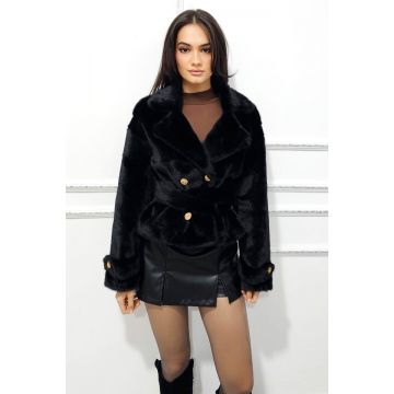 Jacheta scurta din blana eco Leighton, cu cordon supradimensionat, Negru