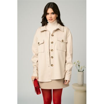 Jacheta tip camasa din stofa bej cu buzunare