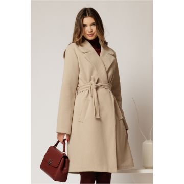 Palton Ariana bej cu buzunare si cordon in talie
