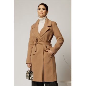 Palton Ariana maro camel cu buzunare si cordon in talie