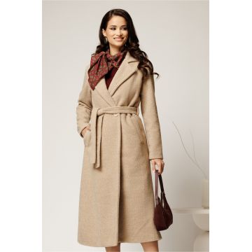 Palton bej din bucle cu croi drept si cordon in talie