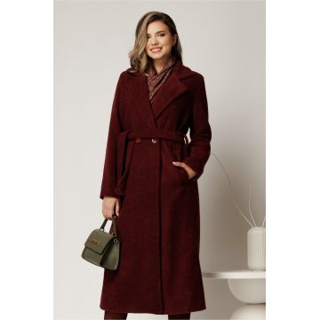 Palton bordo din bucle cu croi drept si cordon in talie
