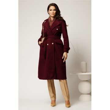 Palton bordo din bucle cu nasturi si cordon in talie