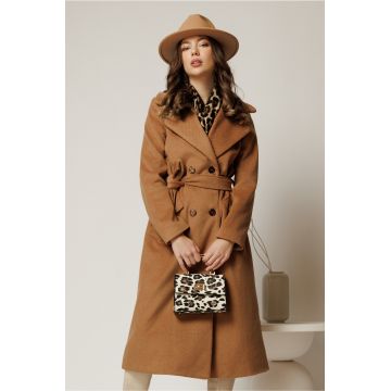 Palton Cristina midi maro cu croi drept si cordon in talie