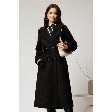 Palton Cristina midi negru cu croi drept si cordon in talie