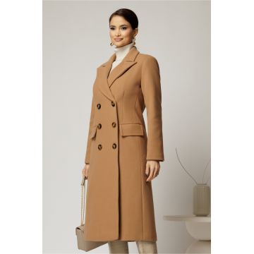 Palton dama bej lung croi drept cu rever