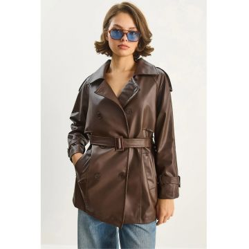 Palton dama  dublu din imitatie de piele - maro - textil -