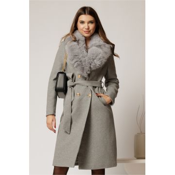 Palton dama gri cu cordon in talie si blanita detasabila