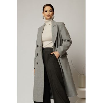 Palton dama gri lung croi drept cu rever