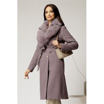 Palton dama lila cu cordon in talie si blanita detasabila