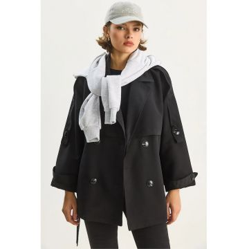 Palton dama  midi cu nasturi - negru - textil -