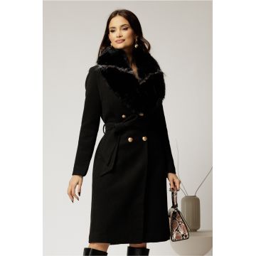 Palton dama negru cu cordon in talie si blanita detasabila