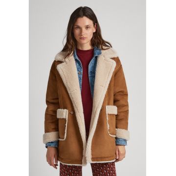 Palton din piele intoarsa ecologica cu buzunare aplicate