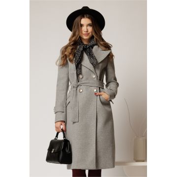 Palton drept gri cu nasturi si cordon in talie