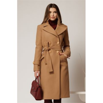 Palton drept maro cu nasturi si cordon in talie