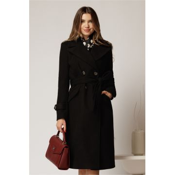 Palton drept negru cu nasturi si cordon in talie