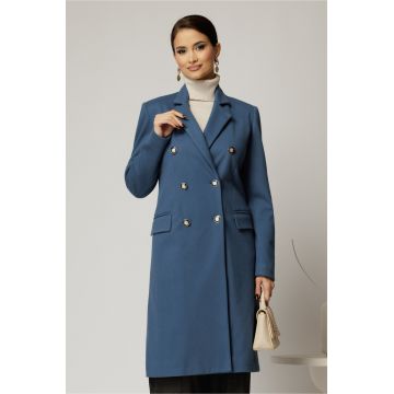 Palton DY Fashion elegant din stofa bleu cu doua randuri de nasturi