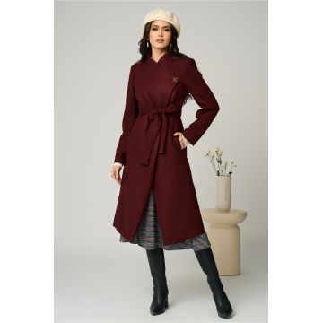 Palton elegant din stofa burgundy cu nasture si cordon in talie