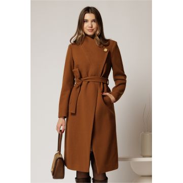 Palton elegant din stofa maro cu nasture si cordon in talie