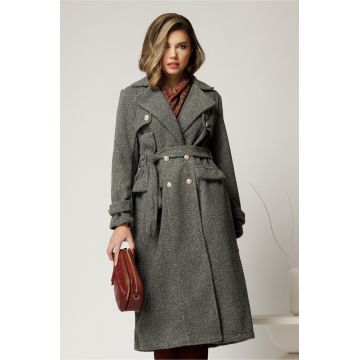 Palton gri din bucle cu nasturi si cordon in talie