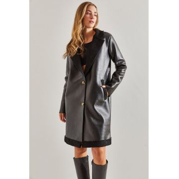Palton lung dama - din piele ecologica -  negru