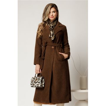 Palton maro din bucle cu croi drept si cordon in talie