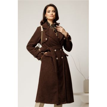 Palton maro din bucle cu nasturi si cordon in talie