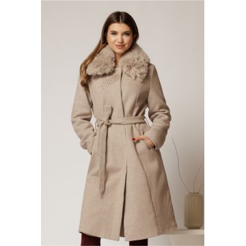 Palton midi bej cu blanita la guler si strassuri