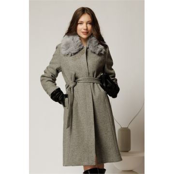 Palton midi gri cu blanita la guler si strassuri