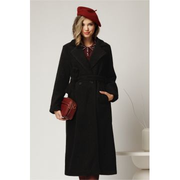 Palton negru din bucle cu croi drept si cordon in talie
