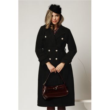 Palton negru din bucle cu nasturi si cordon in talie